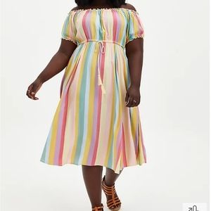 MULTI STRIPE CHALLIS OFF SHOULDER MIDI SKATER DRESS